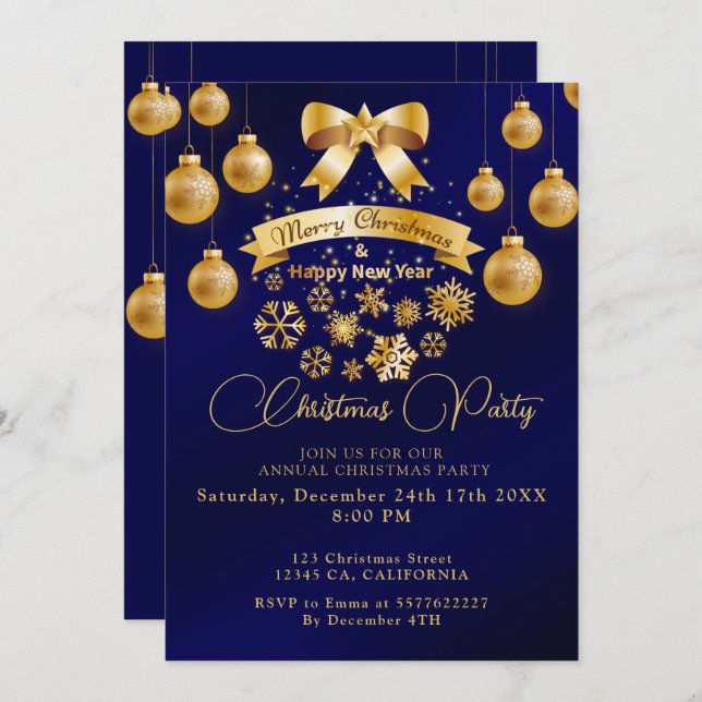 Elegant Festive Golden Bow Blue Christmas Party  Invitation (Front/Back)
