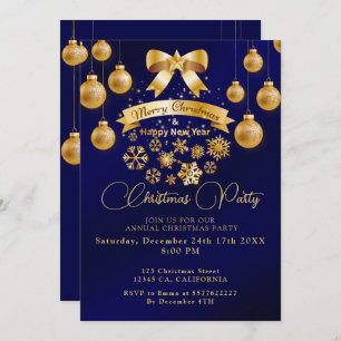 Elegant Festive Golden Bow Blue Christmas Party Invitation