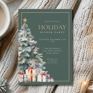Elegant Festive Green Gold Holiday Dinner Party Invitation