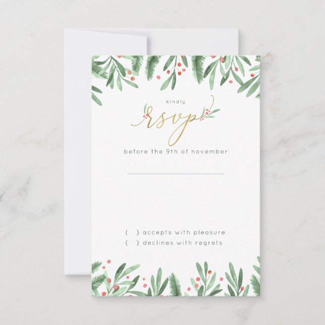Elegant Festive Green Gold & Red Holiday Wedding RSVP Card (Front)
