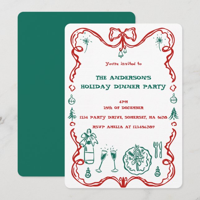 Elegant Festive Holiday Dinner Party Invitation (Front/Back)