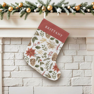 Elegant Festive Holiday Poinsettia Large Christmas Stocking