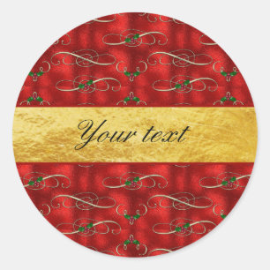 Elegant Festive Holly on Faux Red Foil Classic Round Sticker