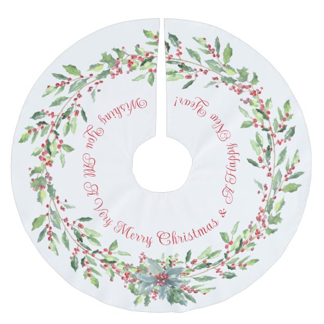 Elegant, Festive Holly, Red and White, Christmas  Brushed Polyester Tree Skirt (Front)