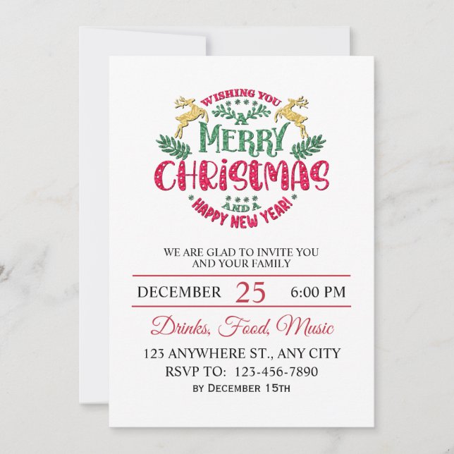 Elegant Festive Merry Christmas & Happy New Year Invitation (Front)