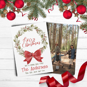 Elegant Festive Merry Christmas Wreath Red Bow Holiday Card