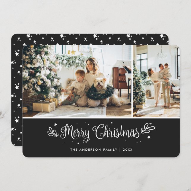 Elegant Festive Photo Modern Black Merry Christmas Holiday Card (Front/Back)