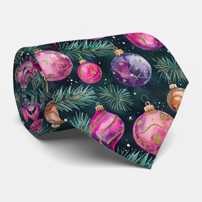 Elegant Festive Pink Christmas Baubles Pattern Tie (Rolled)
