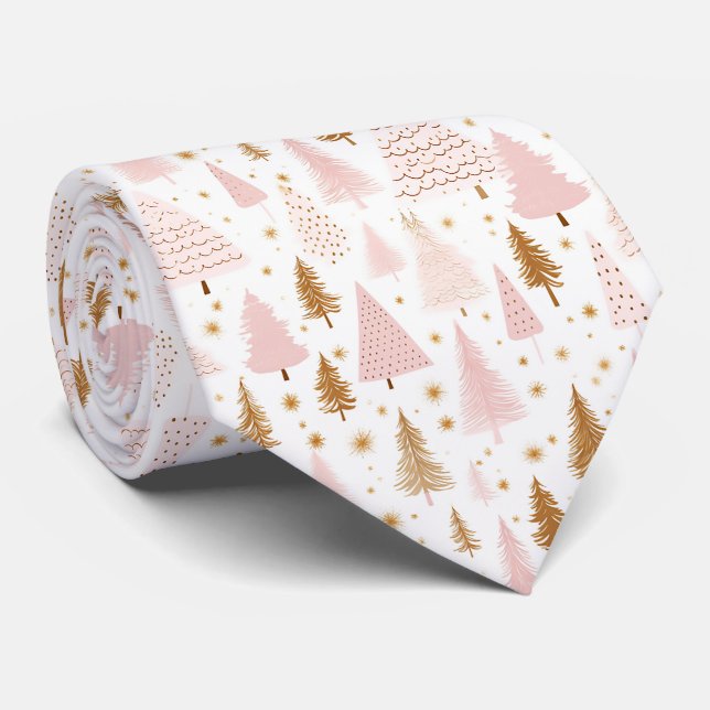 Elegant Festive Pink Christmas Trees Pattern Tie (Rolled)