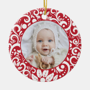 Elegant Festive Red and White Christmas Photo  Ceramic Tree Decoration