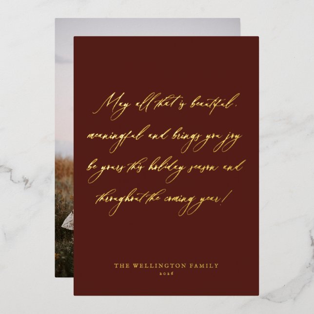 Elegant Festive Red Calligraphy Christmas Photo Foil Holiday Card (Front/Back)