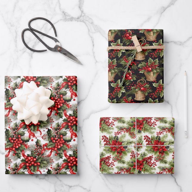 Elegant Festive Red & Green Christmas Botanical Wrapping Paper Sheet (Front)