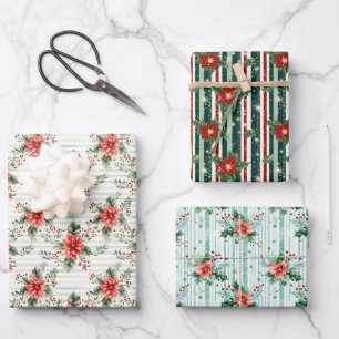 Elegant Festive Red & Green Christmas Striped Wrapping Paper Sheet