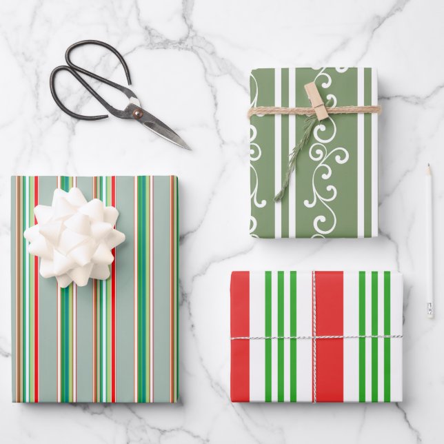Elegant Festive Red Green Striped Holiday Wrapping Paper Sheet (Front)
