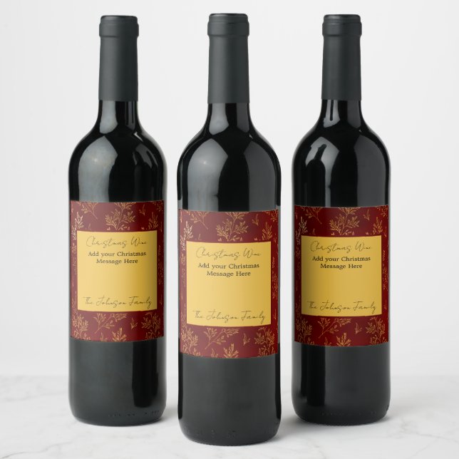 Elegant Festive Red Holiday Gold Leaf Christmas Wine Label (Bottles)