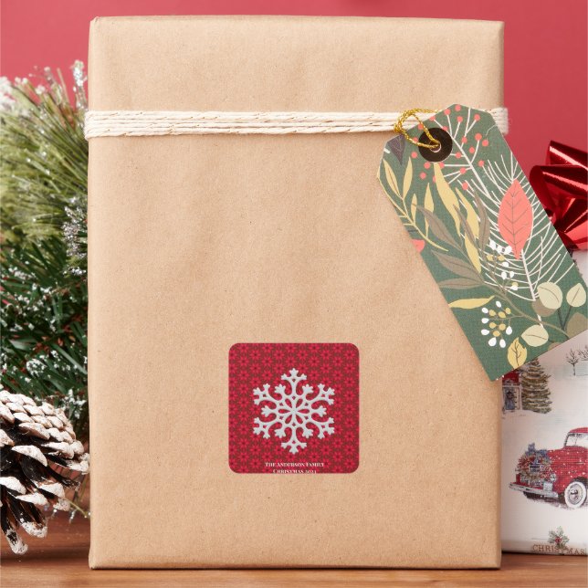 Elegant Festive Red Snowflake Square Sticker (Holiday)