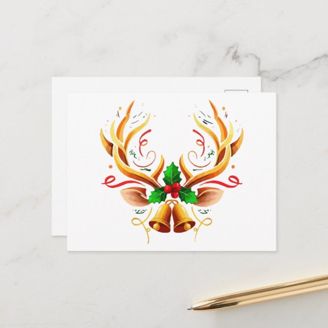 Elegant Festive Reindeer Antlers |Modern Christmas Postcard (Front/Back In Situ)