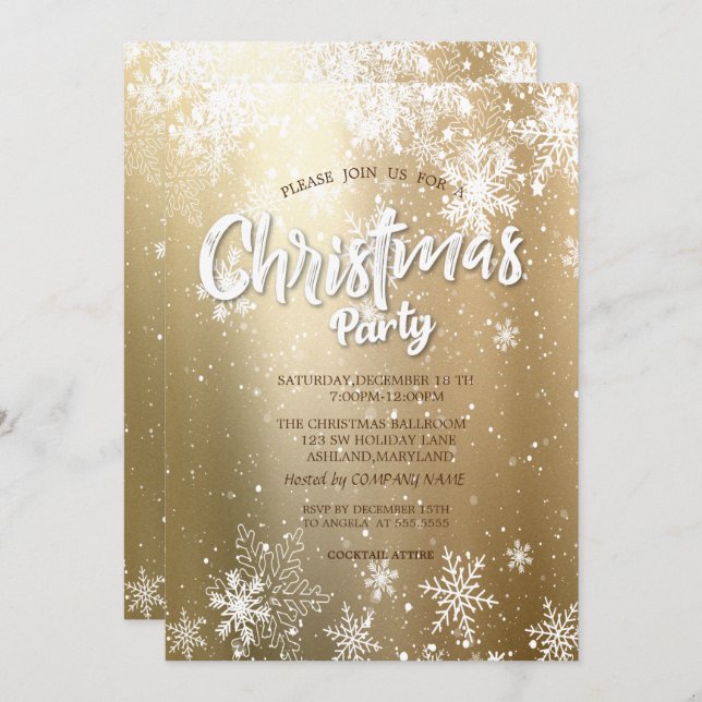 Elegant Festive Snowflakes Gold Christmas Company Invitation (Front/Back)