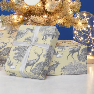 Elegant Festive Toile Fox Deer Gray Gold Beige Wrapping Paper