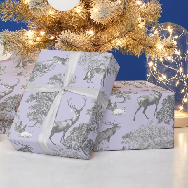 Elegant Festive Toile Fox Deer Grey Blue Wrapping Paper (Holidays)
