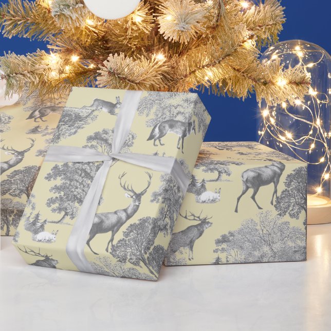 Elegant Festive Toile Fox Deer Grey Gold Beige Wrapping Paper (Holidays)