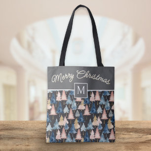 Elegant Festive Trees Merry Christmas Monogrammed Tote Bag