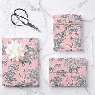 Elegant Festive Vintage Toile Deer Gray Pink Wrapping Paper Sheet