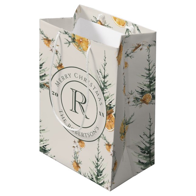 Elegant Festive Warm Winter Watercolor Monogrammed Medium Gift Bag (Front Angled)