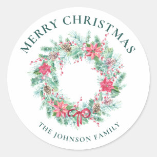Elegant Festive Watercolor Christmas Wreath Classic Round Sticker