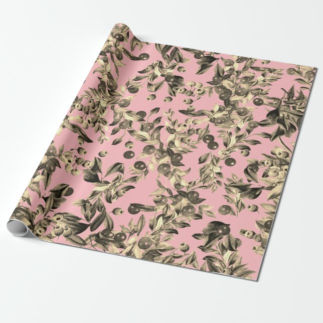 Elegant Festive Watercolor Gold Beige Berries Pink Wrapping Paper (Unrolled)
