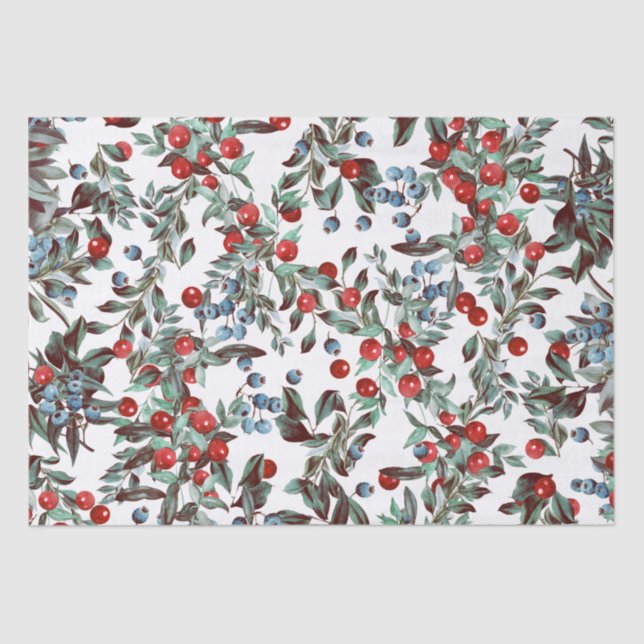 Elegant Festive Watercolor Red Blue Berries White Tissue Paper (Front)