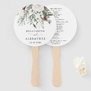 Elegant festive winter evergreen wedding program hand fan