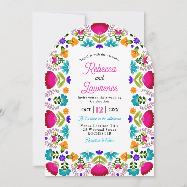Elegant fiesta wedding white arched invitation (Front)