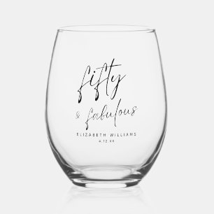 Elegant Fifty and Fabulous Personalised Birthday Stemless Wine Glass