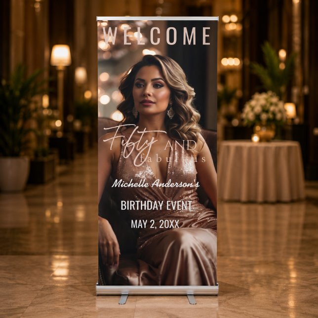 Elegant Fifty and Fabulous Welcome Retractable Banner (Elegant welcome banner for a luxurious 50th birthday celebration.)