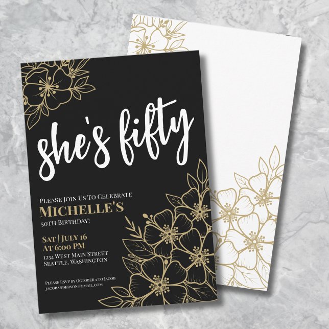 Elegant Fifty Black Gold 50th Birthday Party Invitation (Floral Fifty Black Gold 50th Birthday Party Invitation)