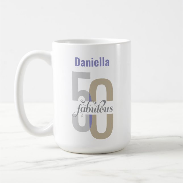 Elegant Fifty & Fabulous 50th Birthday Name Coffee Mug (Left)