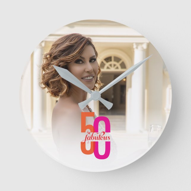 Elegant Fifty & Fabulous 50th Birthday Round Clock (Front)