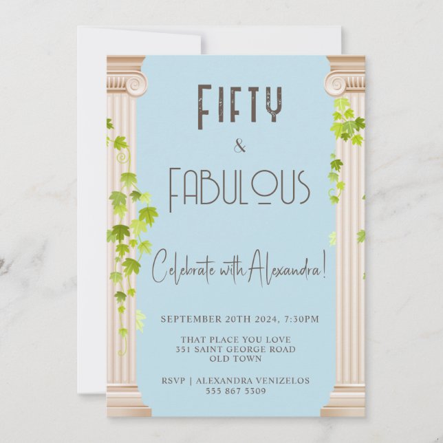 Elegant Fifty Fabulous Greek Theme Blue Birthday Invitation (Front)