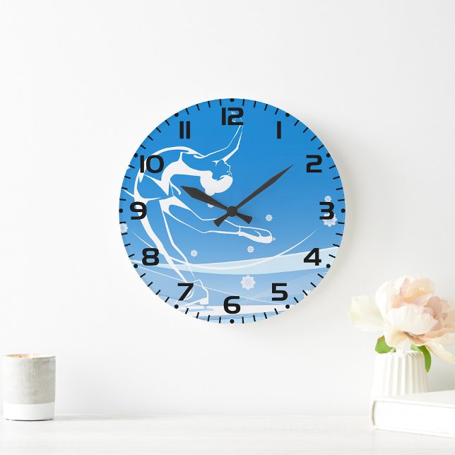 Elegant Figure Skater Silhouette Snowflakes Large Clock (Creator Uploaded)