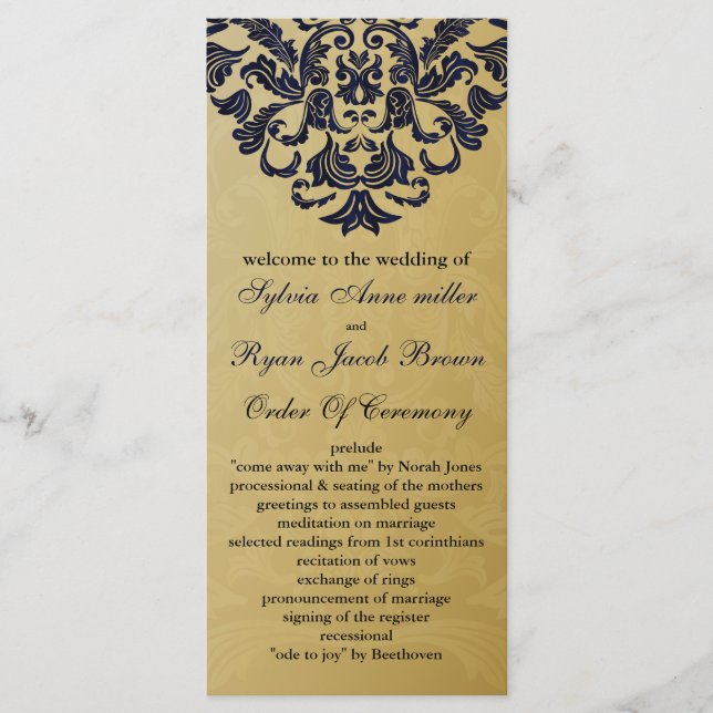 Elegant Filigree Navy Gold Wedding Programme (Front)