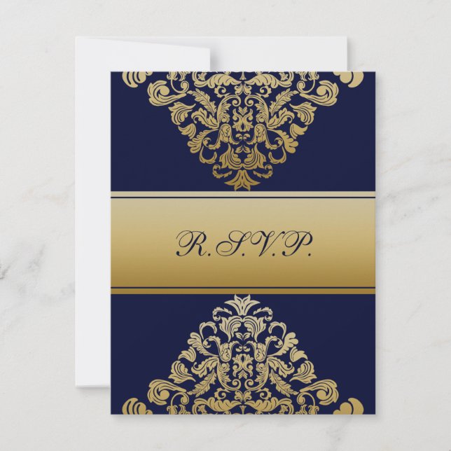 Elegant Filigree Navy Gold Wedding RSVP Card (Front)