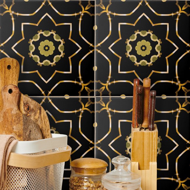 Elegant Filigree Sparkly Shiny Gold & Black Mosaic Tile (Creator Uploaded)