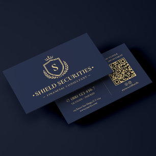 Elegant Financial Advisor Crown Shield Dark Navy Business Card