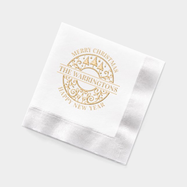 Elegant Fir Trees Stars Lacy Filigree Family Name Foil Napkins (Left)