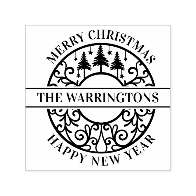Elegant Fir Trees Stars Lacy Filigree Family Name Self-inking Stamp (Design)