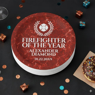 Elegant Firefighter of the Year Red Marble Paper Plate