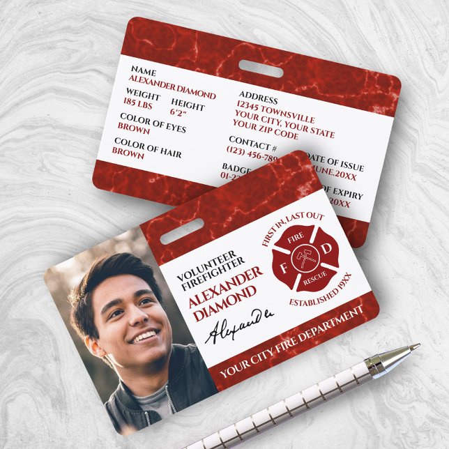 Elegant Firefighter Red Marble Photo Signature ID ID Badge (Red Firefighter Photo ID Badge Cover Photo. )