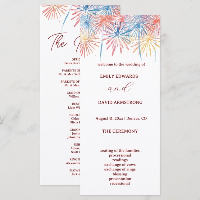  Elegant Fireworks 4th of July Wedding Program (Front/Back)