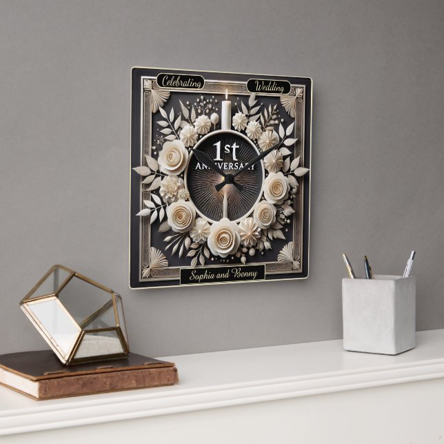 Elegant First 1st Anniversary With Flowers Square Wall Clock (Office)